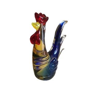 Glass Rooster yellow red and blue like new  zero flaws Heavy bottom 8” Colorful